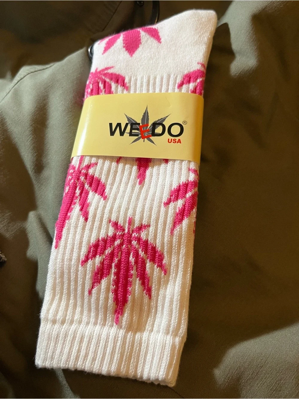 Men's White Crew Socks with Pink Leaf Pattern by WKND